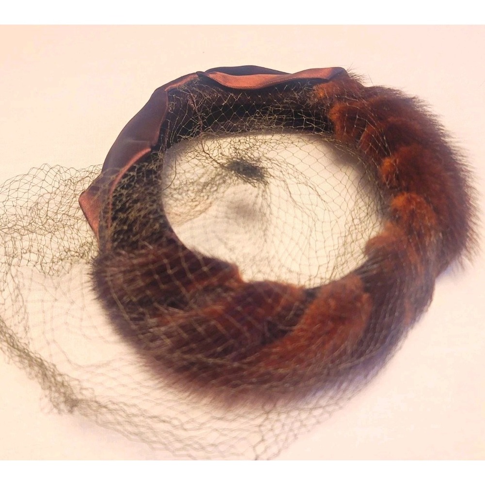 Vintage Fur Pillbox Hat Brown Mink Style Veil Satin Bow 1950s 1960s Retro